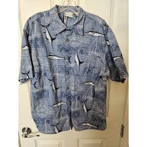 Island Shores Men's 100% Cotton Blue Short Sleeve Fishing Outdoor Shirt, LG